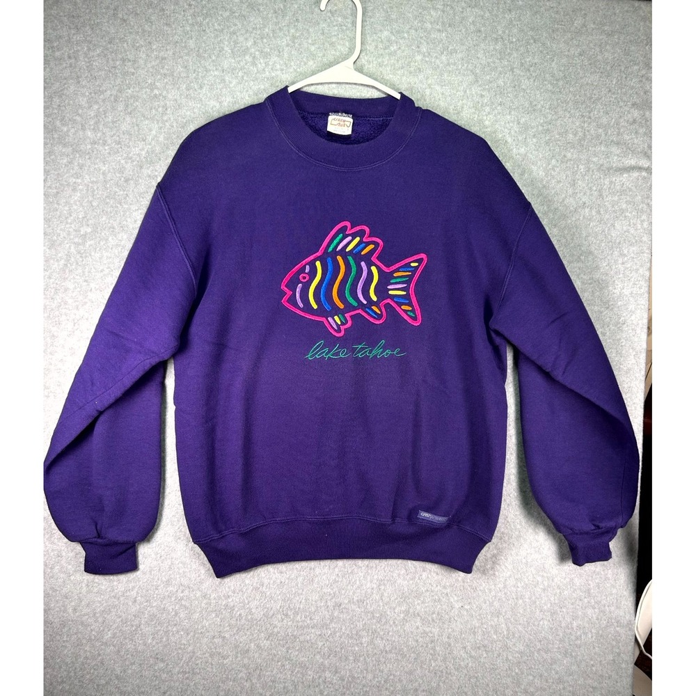 Crazy Shirt Sweatshirt Men M Purple Fish Lake Tahoe Cotton Crew Neck Long Sleeve